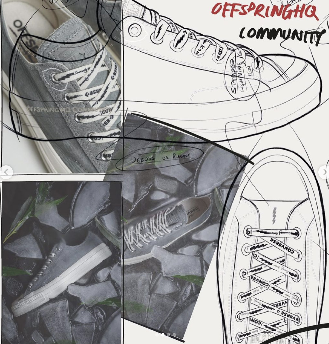 Detail collage of the Offspring HQ community branding, laces and textured outsole