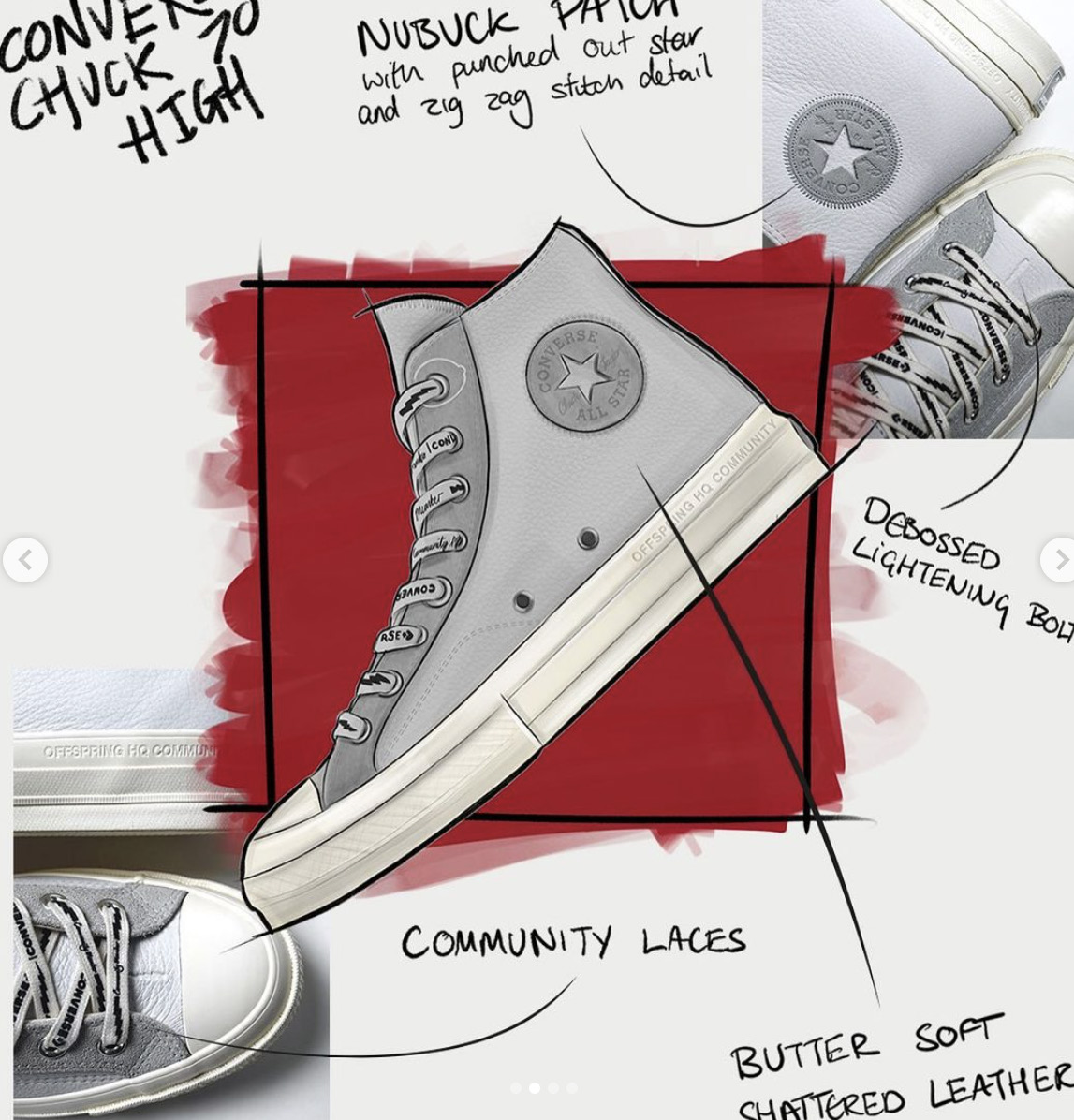 Detail collage of the finished Converse Chuck 70 high-top with nubuck patch and debossed lightning bolt